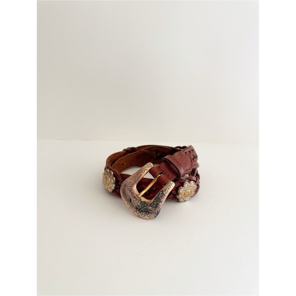 Fossil vintage brown leather braided western style silver accent belt